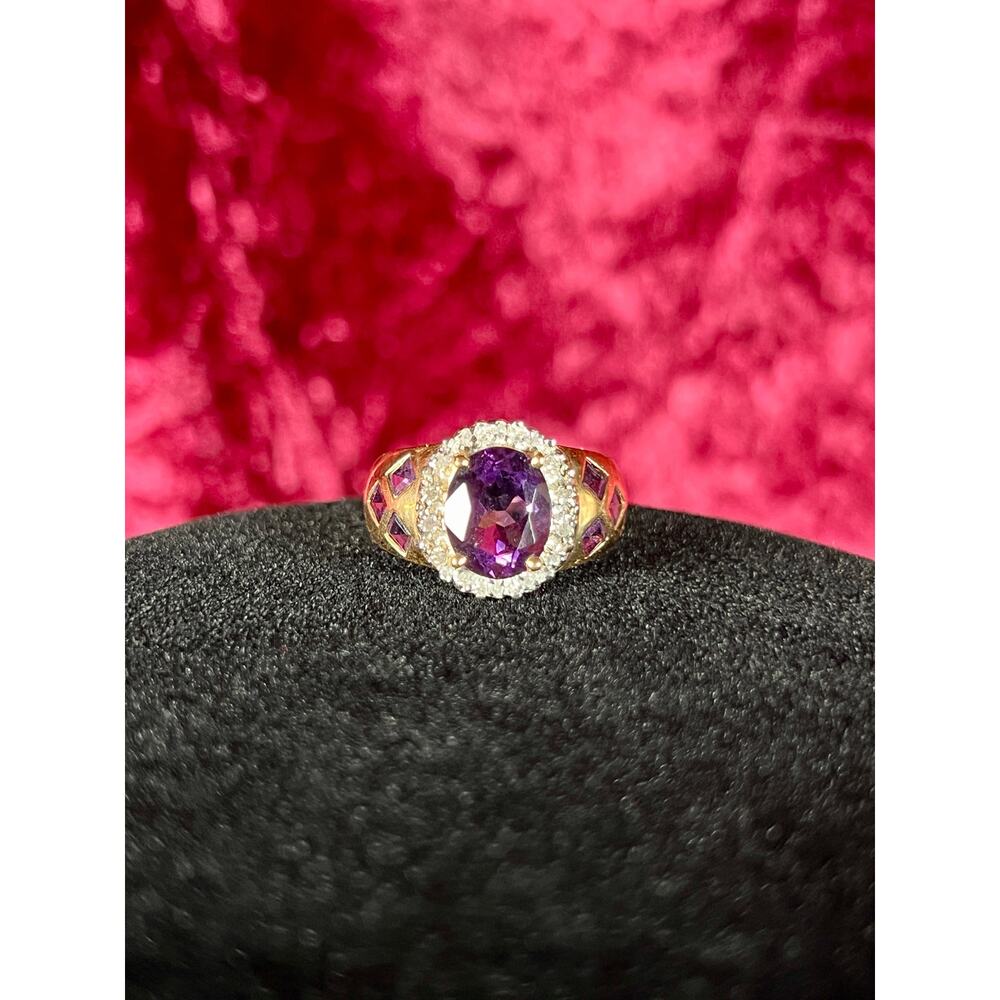 Vintage 14K Yellow Gold Ring – Faceted Amethyst in Halo Setting - ESX - Size 7
